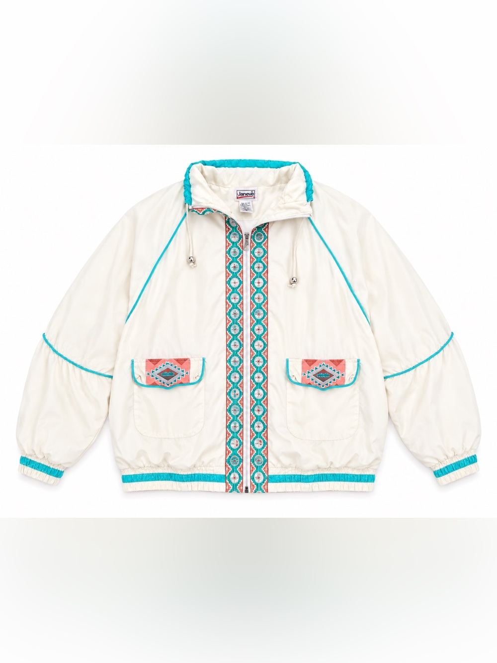 Vintage Women's Ivory wind Jacket with Turquoise Trim and Embroidered Accents